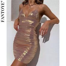 Load image into Gallery viewer, Fantoye Women Sexy Metal Color Mini Party Dress Summer Pink Glitter Bodycon Dress Shiny Slim Backless Nightclub Dresses Vestidos