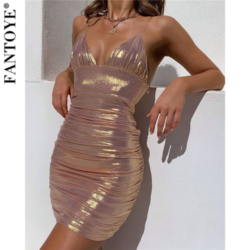 Fantoye Women Sexy Metal Color Mini Party Dress Summer Pink Glitter Bodycon Dress Shiny Slim Backless Nightclub Dresses Vestidos