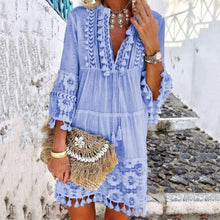 Load image into Gallery viewer, Tassel Hollow Out Mini Dresses Women Summer Autumn Sexy V-Neck Boho Dress 2019 New Bohemian Floral Printed Beach Dress Vestidos