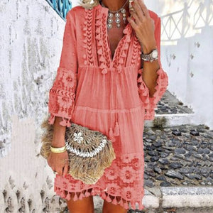 Tassel Hollow Out Mini Dresses Women Summer Autumn Sexy V-Neck Boho Dress 2019 New Bohemian Floral Printed Beach Dress Vestidos