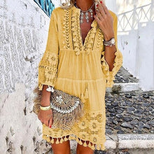 Load image into Gallery viewer, Tassel Hollow Out Mini Dresses Women Summer Autumn Sexy V-Neck Boho Dress 2019 New Bohemian Floral Printed Beach Dress Vestidos