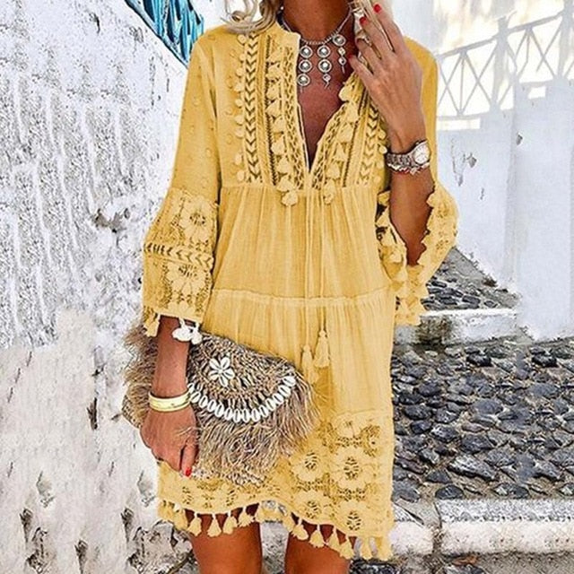 Tassel Hollow Out Mini Dresses Women Summer Autumn Sexy V-Neck Boho Dress 2019 New Bohemian Floral Printed Beach Dress Vestidos