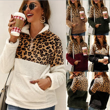 Load image into Gallery viewer, Women Fleece Sweatshirt Winter Casual Leopard Faux Fur Patchwork Fluffly Female Hoodies Warm Turtleneck Zipper Thick Sherpa Tops