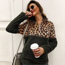 Load image into Gallery viewer, Women Fleece Sweatshirt Winter Casual Leopard Faux Fur Patchwork Fluffly Female Hoodies Warm Turtleneck Zipper Thick Sherpa Tops