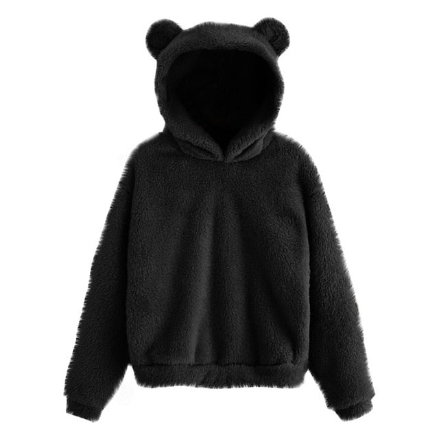 Fluffy Velvet Long Sleeve Fleece Sweatshirt Autumn Winter Women's Warm Bear Shape Fuzzy Hoodie Pullover Hoody Sweatshirts Mujer